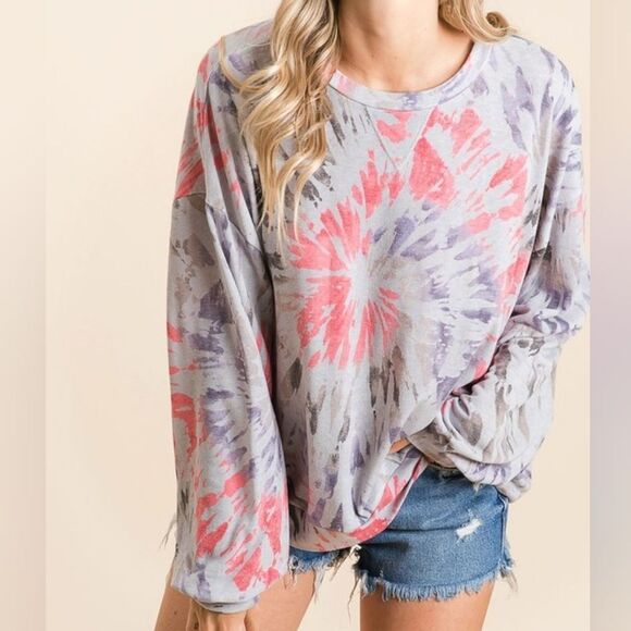 BiBi Tie Dye Print Terry Pull Over Women's Tie-Dye Long Sleeve Top sz Large - Picture 1 of 7